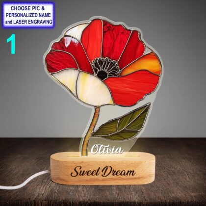 Personalized Beautiful Poppy Flower Acrylic Night Light with Name Engraving