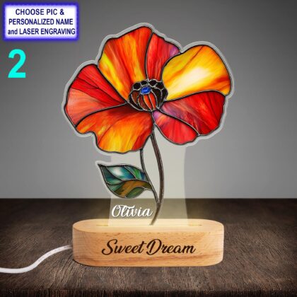 Alternative view of Personalized Beautiful Poppy Flower Acrylic Night Light with Name Engraving