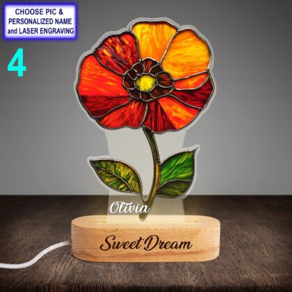 Personalized Beautiful Poppy Flower Acrylic Night Light with Name Engraving - Image 4
