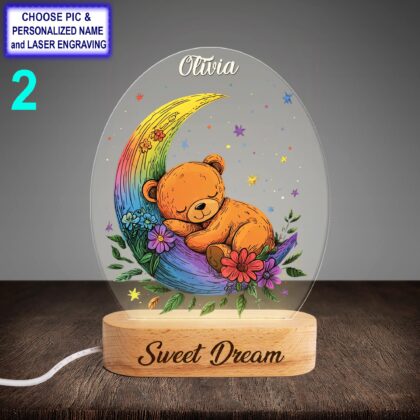 Personalized Teddy And Moon Acrylic Night Light with Name Engraving
