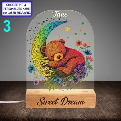 Personalized Teddy And Moon Acrylic Night Light with Name Engraving - Image 3