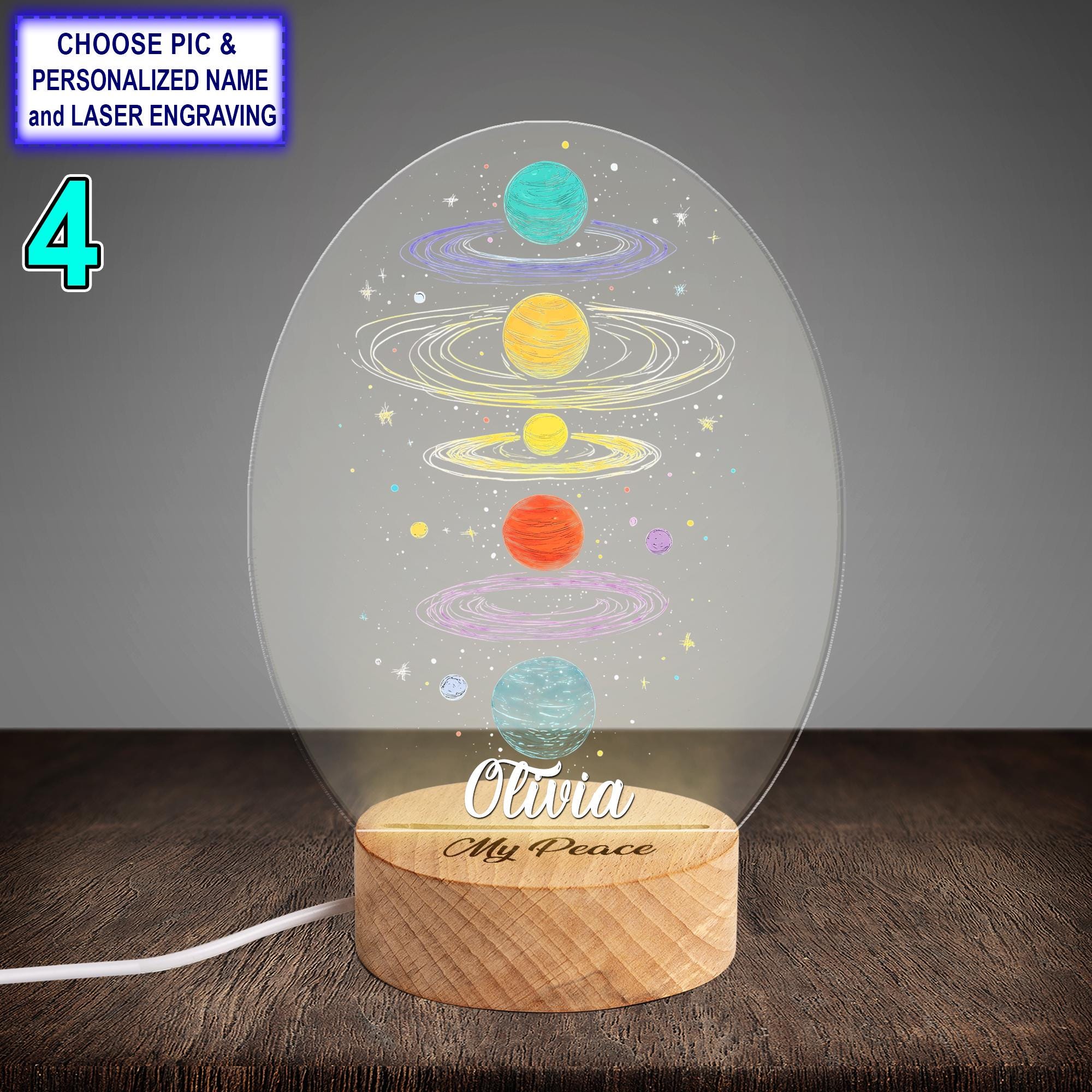 Personalized Solar System Colorful Acrylic Night Light with Name Engraving - Image 4
