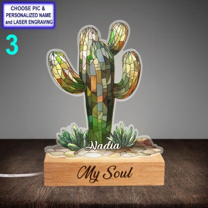 Personalized Cactus Plant Acrylic Night Light with Name Engraving - Image 3