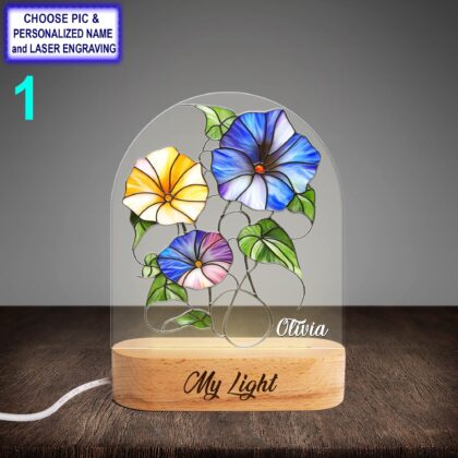 Personalized Morning Glory Flower Acrylic Night Light with Name Engraving