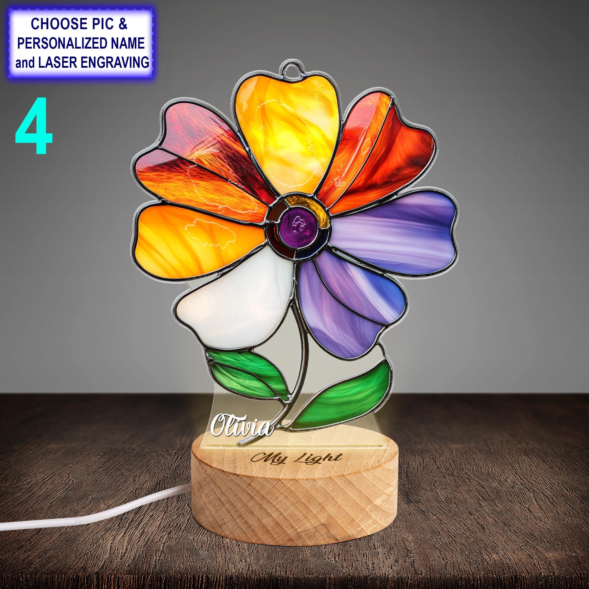 Personalized Cosmos Flower Acrylic Night Light with Name Engraving - Image 4