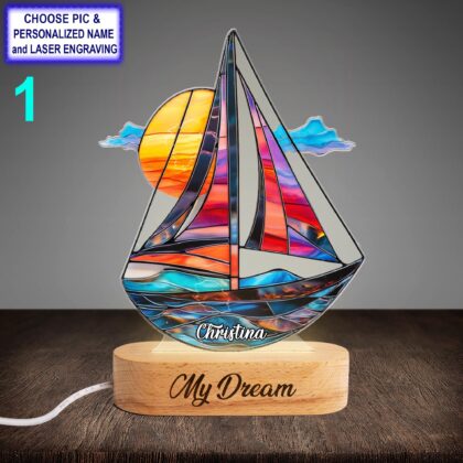 Personalized Colorful Sailboat Acrylic Night Light with Name Engraving