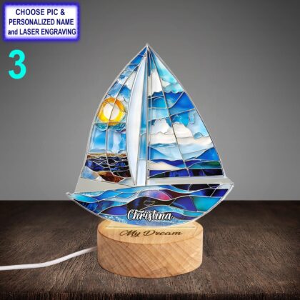 Personalized Colorful Sailboat Acrylic Night Light with Name Engraving - Image 3