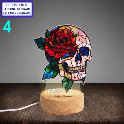 Personalized Skull And rose Acrylic Night Light with Name Engraving - Image 4