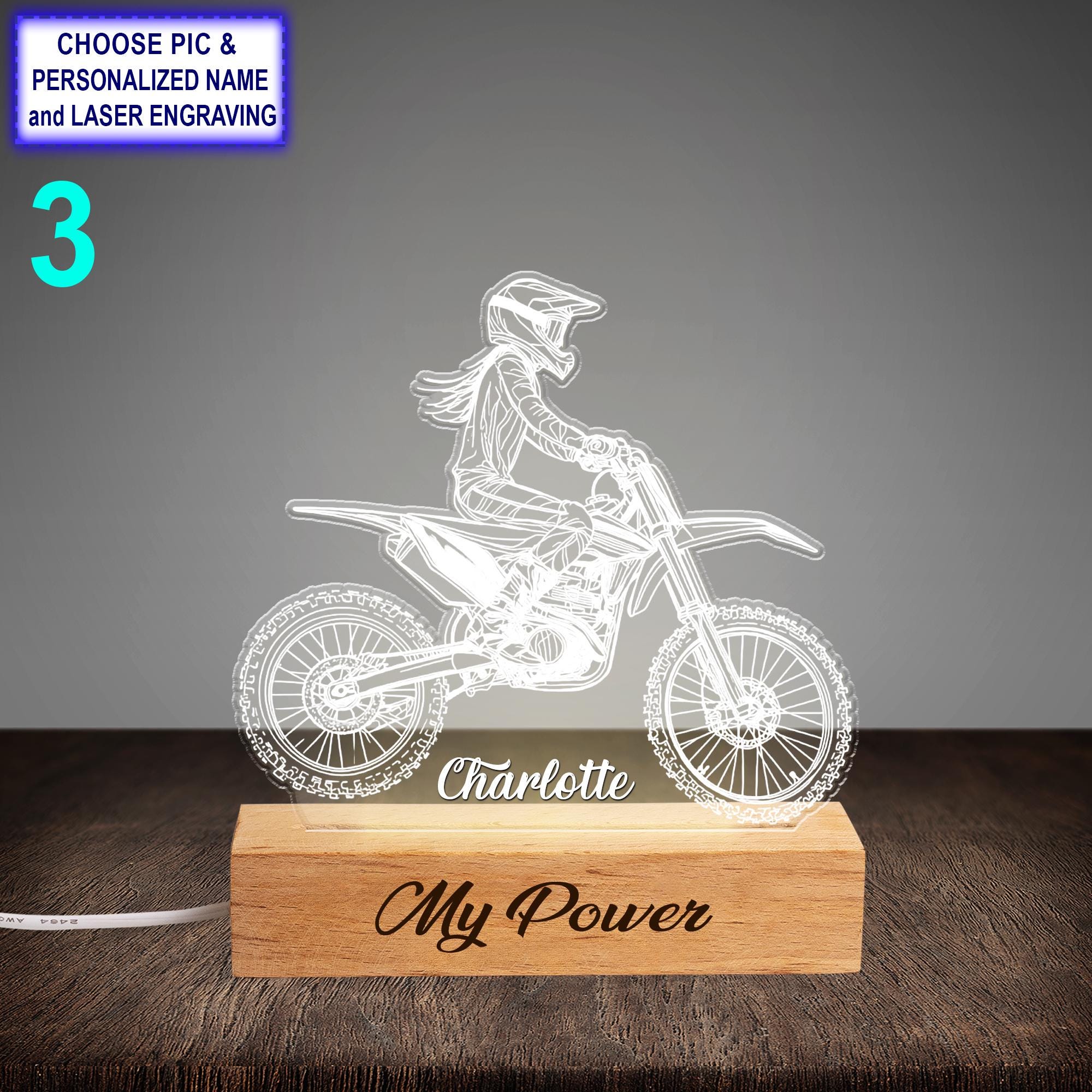 Personalized Dirt Bike Acrylic Night Light with Name Engraving - Image 3