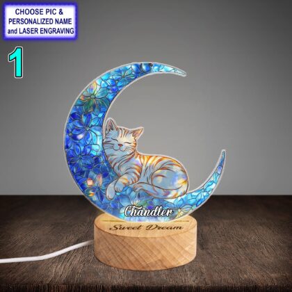 Personalized Sleeping Cat on Moon Acrylic Night Light with Name Engraving