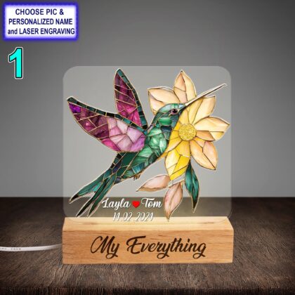 Personalized Hummingbird With Flower Acrylic Night Light with Name Engraving