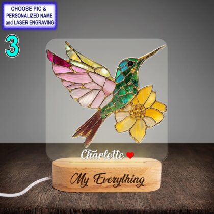 Personalized Hummingbird With Flower Acrylic Night Light with Name Engraving - Image 3