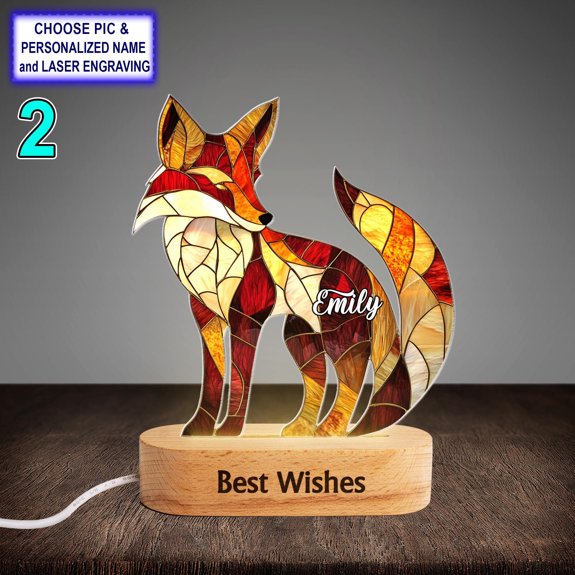 Personalized Red Fox Acrylic Night Light with Name Engraving - Image 2