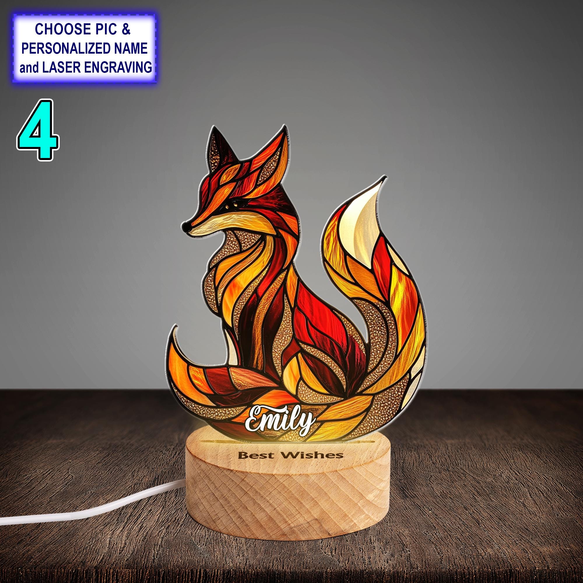 Personalized Red Fox Acrylic Night Light with Name Engraving - Image 4