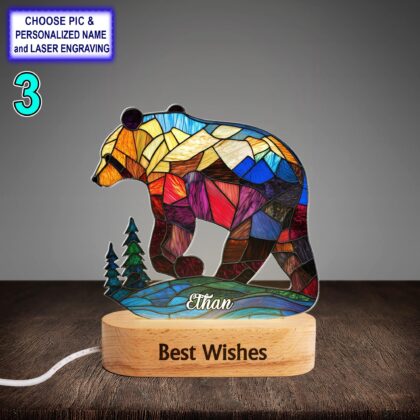 Personalized Colorful Bear Acrylic Night Light with Name Engraving - Image 3