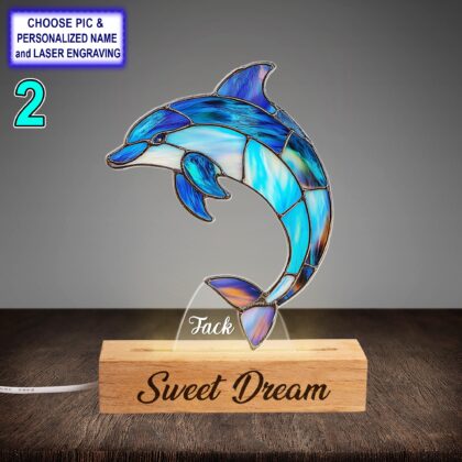 Alternative view of Personalized Colorful Dolphin Acrylic Night Light with Name Engraving