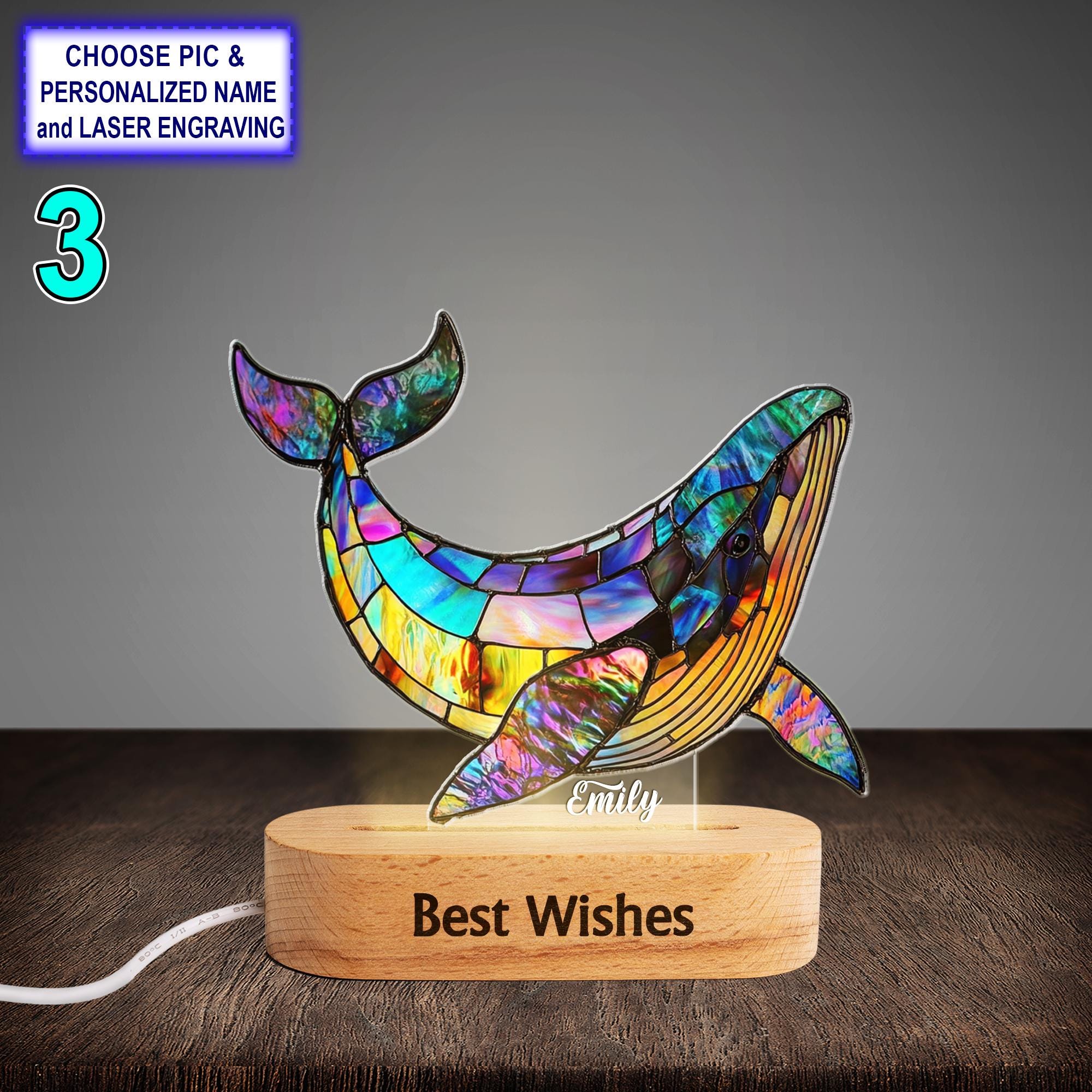 Personalized Colorful Whale Acrylic Night Light with Name Engraving - Image 3