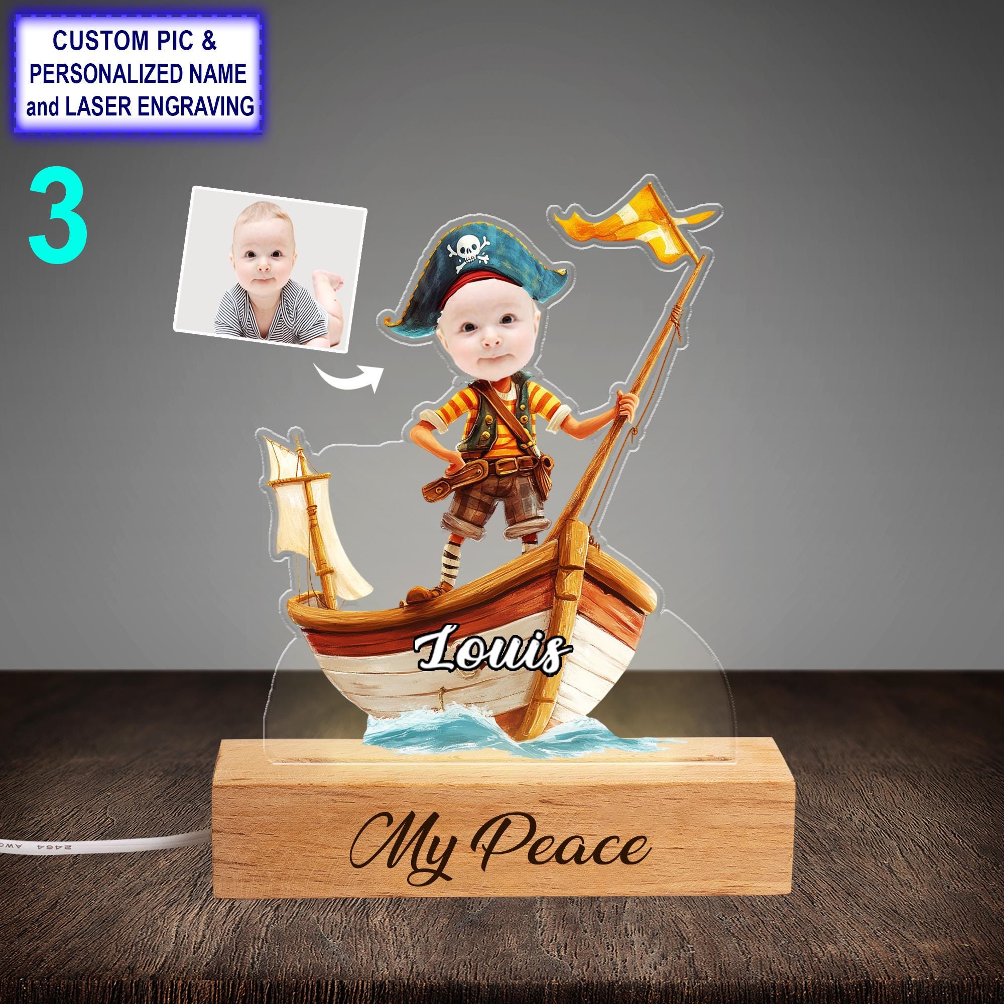 Funny Custom Pirate Night Light – Personalized Face & Name Engraved LED Lamp - Image 3