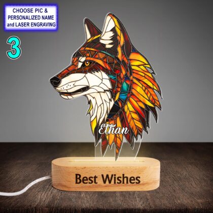 Personalized Colorful Wolf Acrylic Night Light with Name Engraving - Image 3