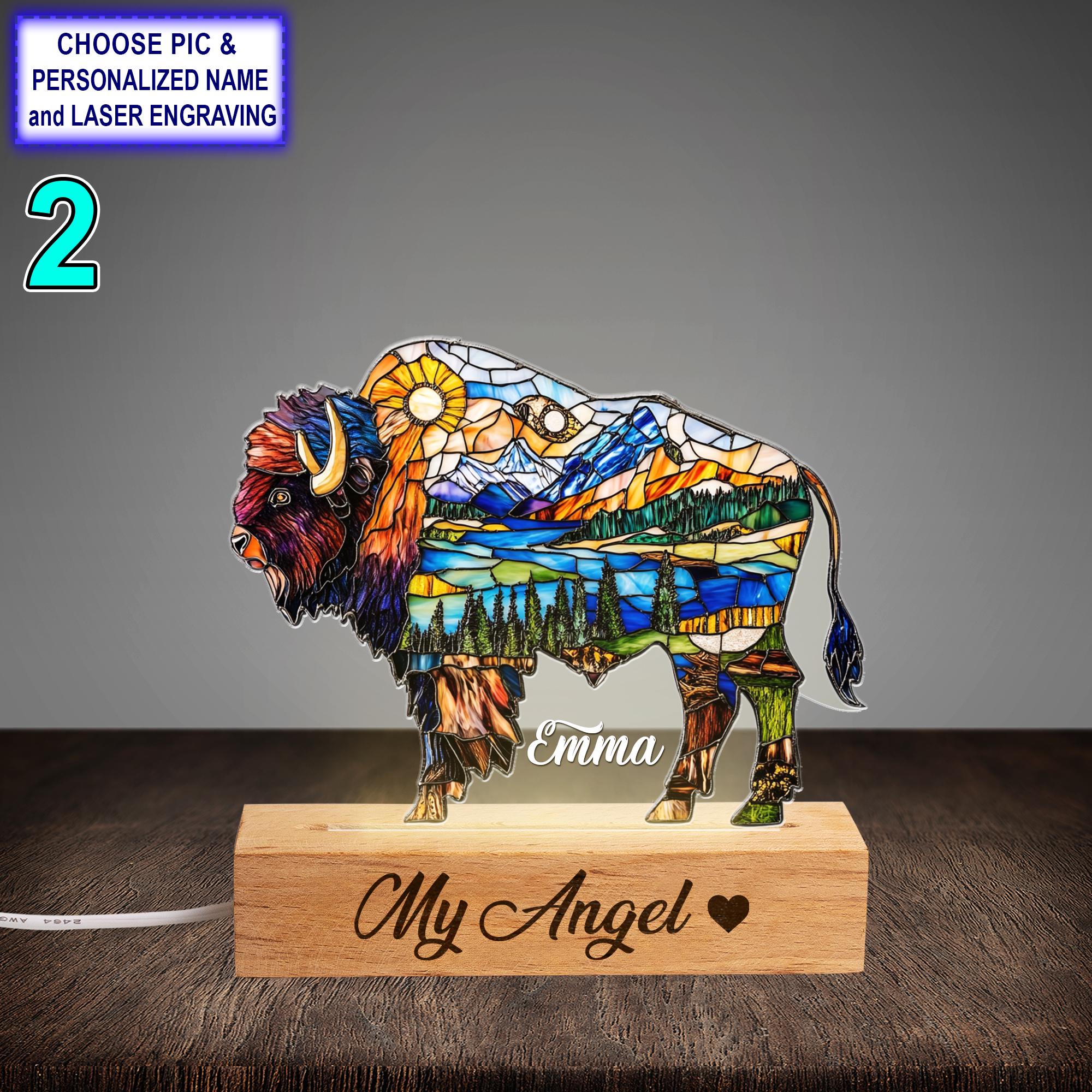 Personalized Colorful Bison Acrylic Night Light with Name Engraving - Image 2