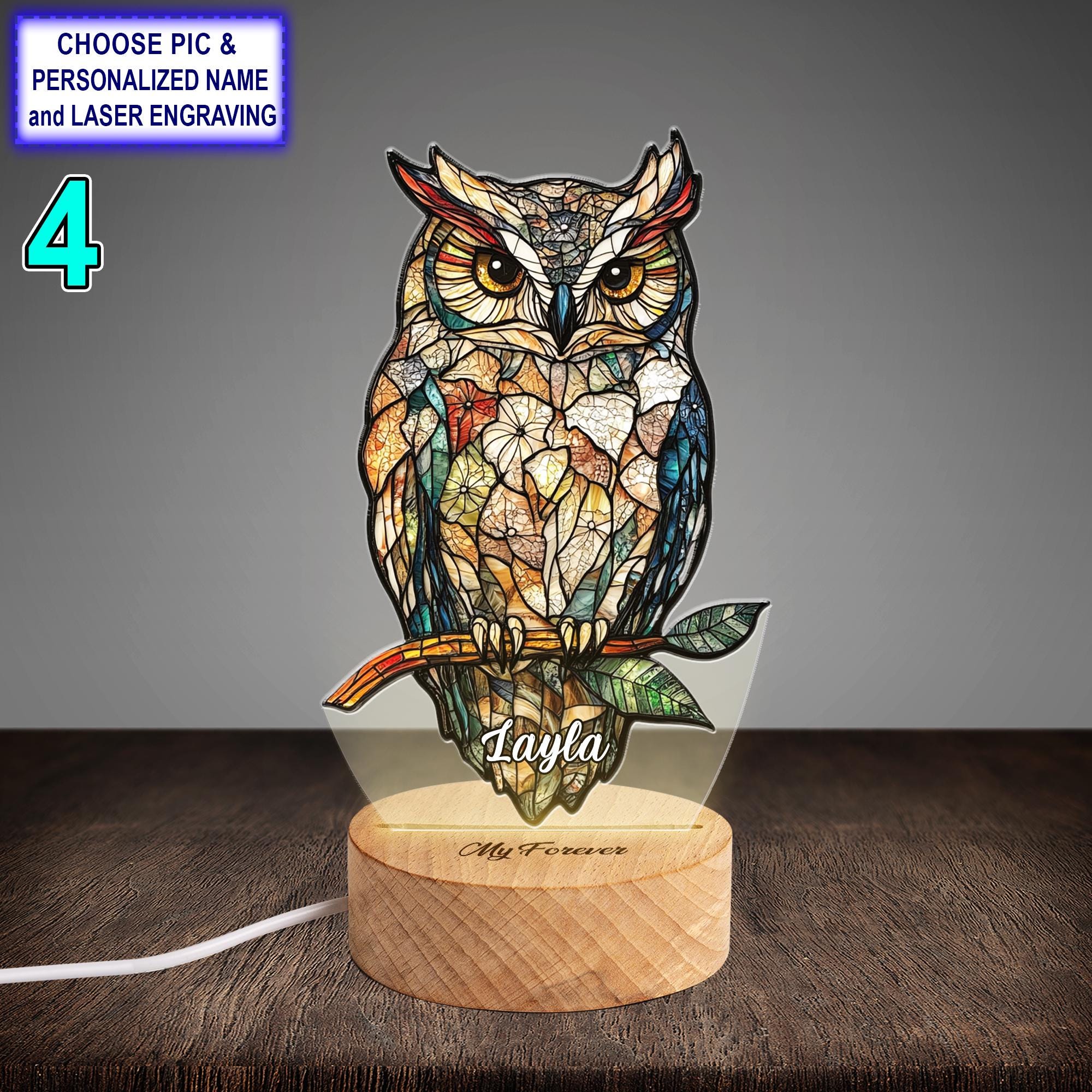 Personalized Colorful Owl Acrylic Night Light with Name Engraving - Image 4