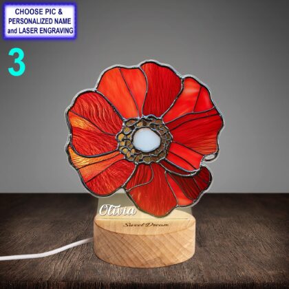 Personalized Beautiful Poppy Flower Acrylic Night Light with Name Engraving - Image 3