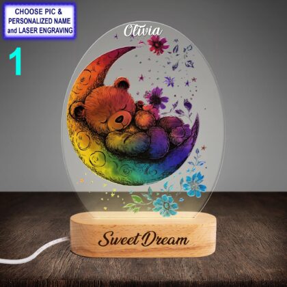 Alternative view of Personalized Teddy And Moon Acrylic Night Light with Name Engraving