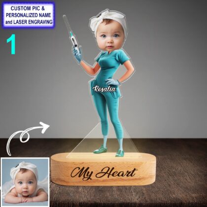 Personalized Nurse Night Light with Name Engraving – Custom LED Beech Wood Lamp