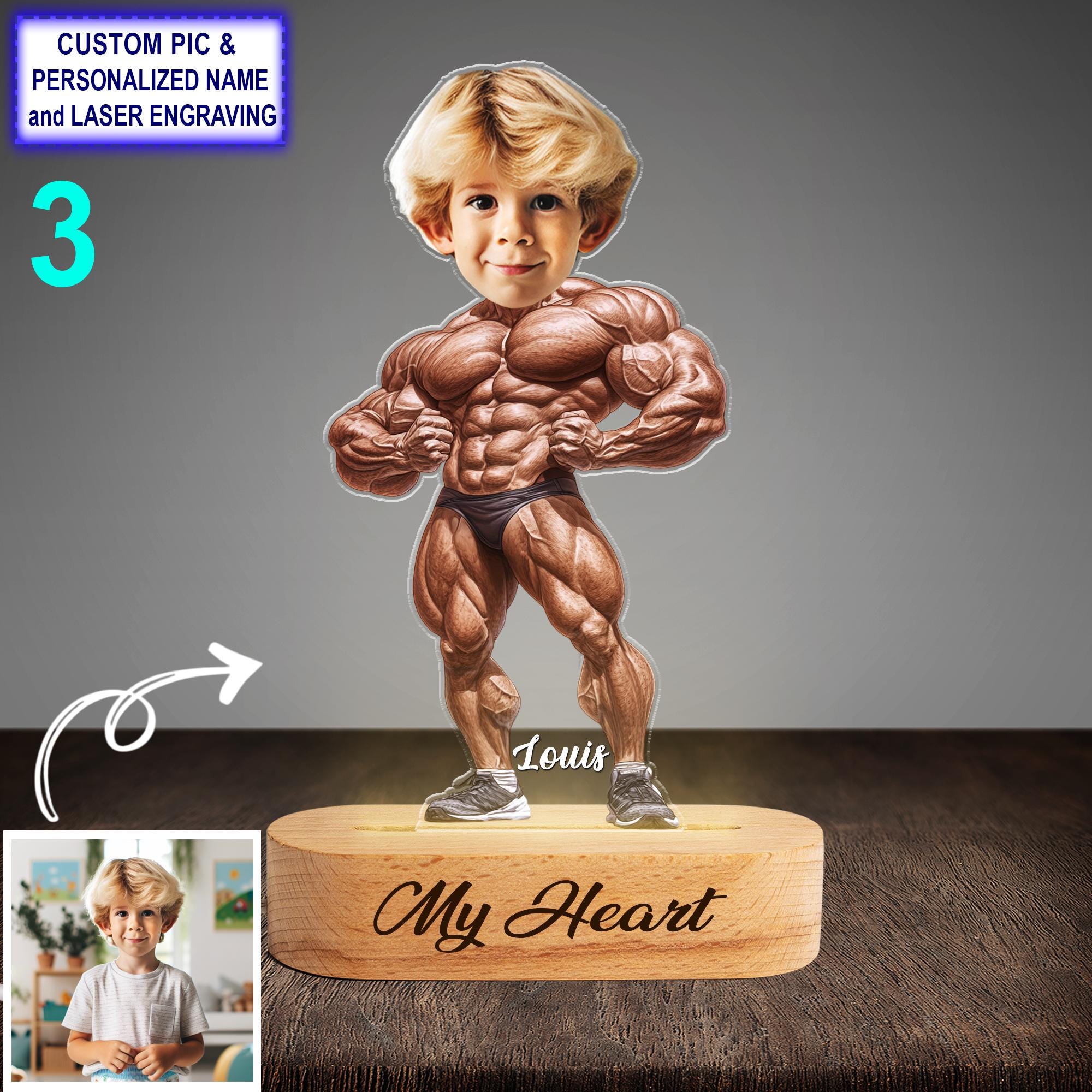 Personalized Bodybuilder Night Light – Custom Name Engraved LED Lamp - Image 3