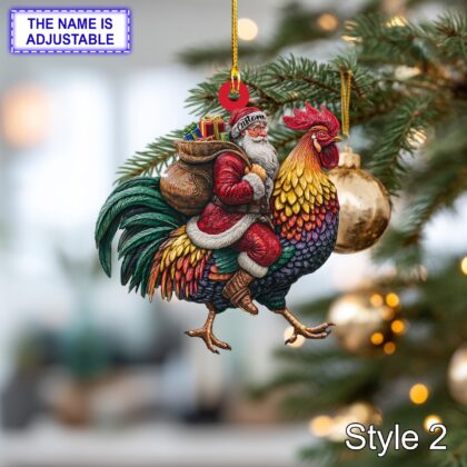 Alternative view of Santa Riding Rooster Christmas Ornament – Funny Farm Animal Lover Tree Hanging Decoration