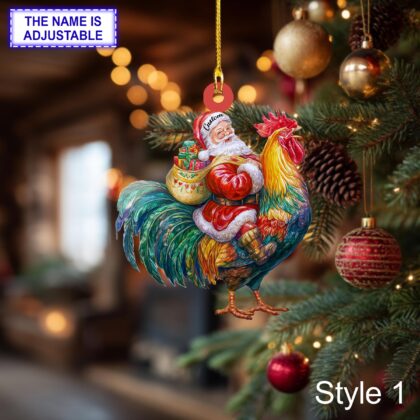 Santa Riding Rooster Christmas Ornament – Funny Farm Animal Lover Tree Hanging Decoration