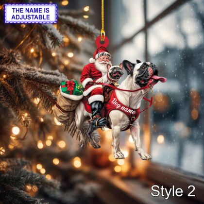 Alternative view of Santa Riding French Bulldog Christmas Ornament – Funny Dog Lover Tree Hanging Decoration