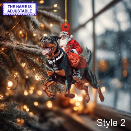 Alternative view of Santa Riding Rottweiler Christmas Ornament – Funny Dog Lover Tree Hanging Decoration