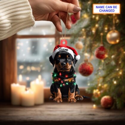 Custom Name Rottweiler Cute Dog With Santa Hat Christmas Lights Ornament - Image 2