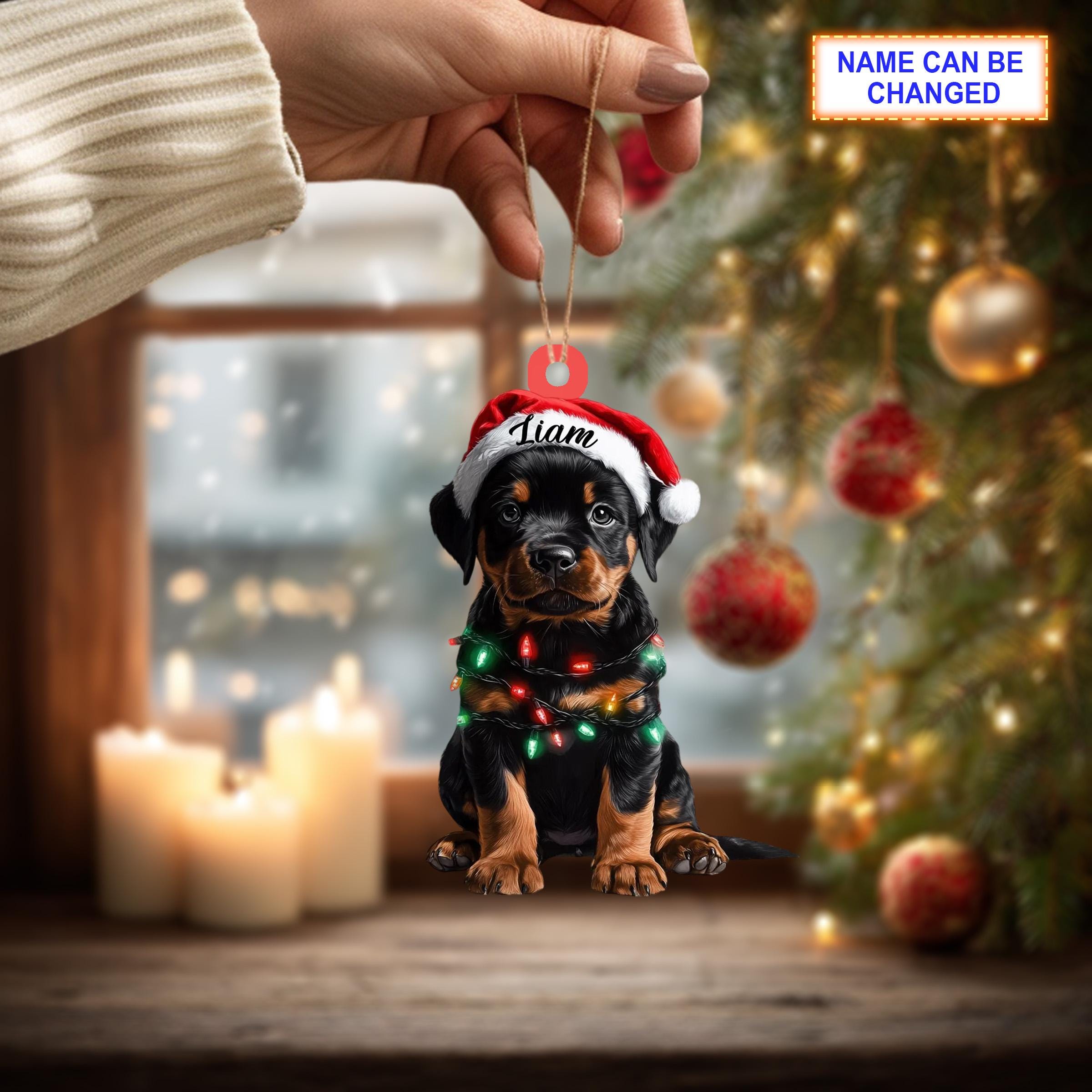Custom Name Rottweiler Cute Dog With Santa Hat Christmas Lights Ornament - Image 2