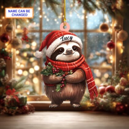 Custom Name Sloth Wearing Scarf and Santa Hat Mistletoe Xmas Ornament - Image 3