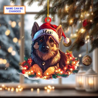 Custom Name German Shepherd Cute Dog With Santa Hat Christmas Lights Ornament - Image 4