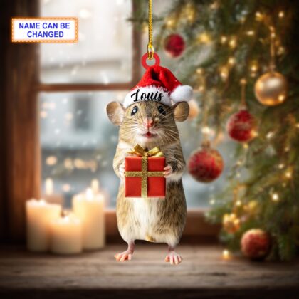 Alternative view of Custom Name Cute Rat with Gift Box Christmas Personalized Ornament