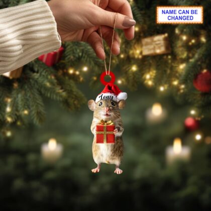Custom Name Cute Rat with Gift Box Christmas Personalized Ornament - Image 4