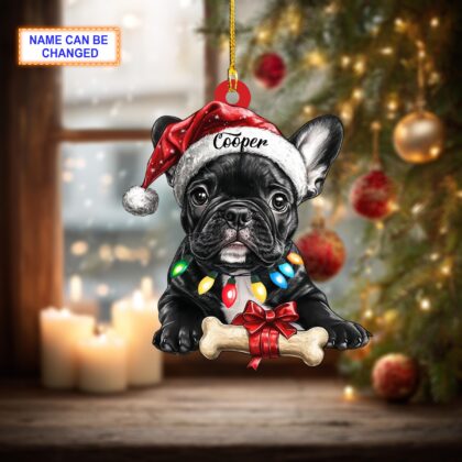 Alternative view of Custom Name French Bulldog Cute Dog With Santa Hat Christmas Bone Ornament