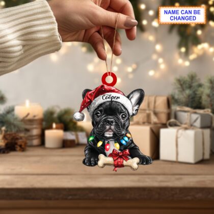 Custom Name French Bulldog Cute Dog With Santa Hat Christmas Bone Ornament - Image 4