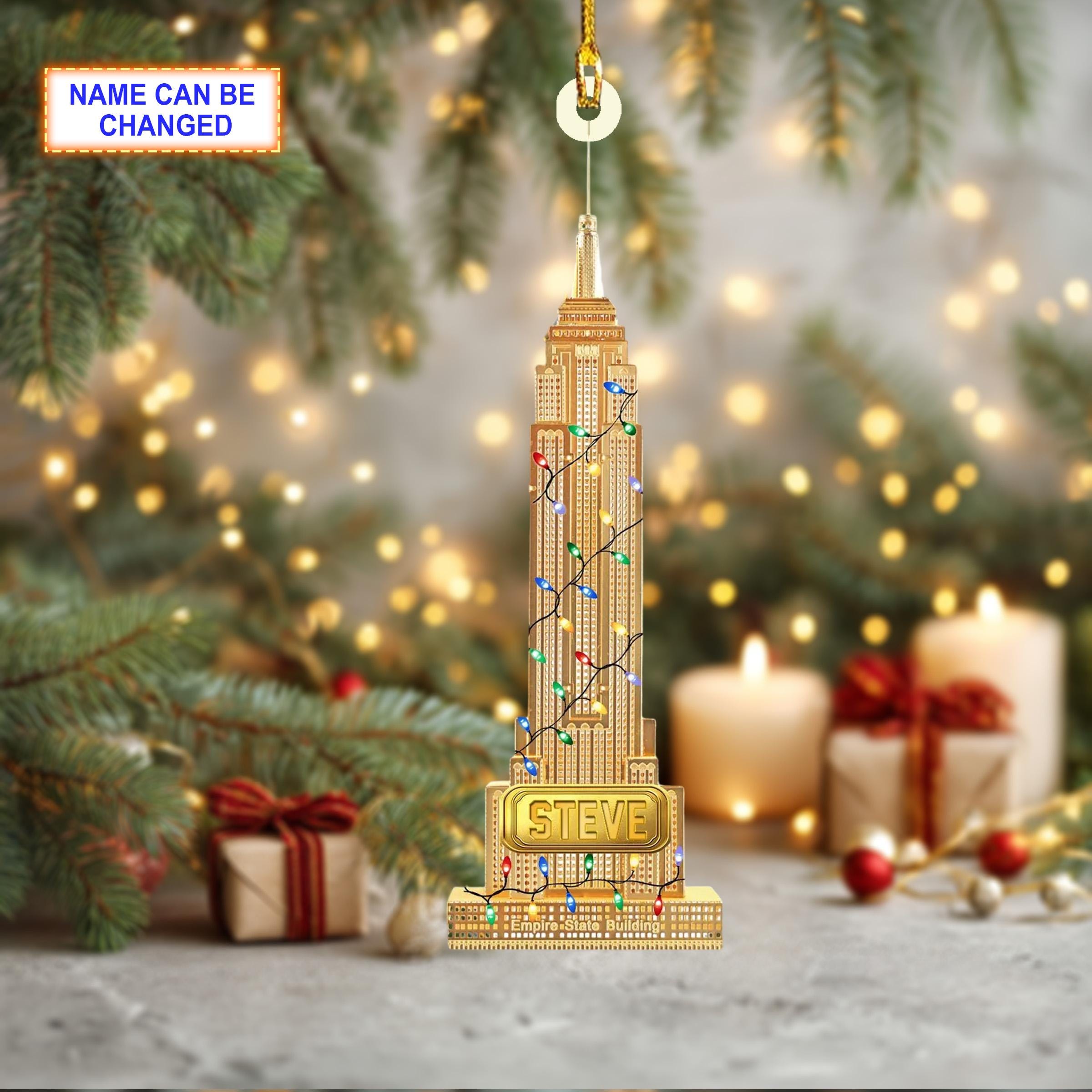 Custom Name Empire State Building With Christmas Lights Ornament - Image 2