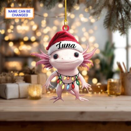 Alternative view of Custom Name Axolotl Salamander With Santa Hat Christmas Lights Ornament