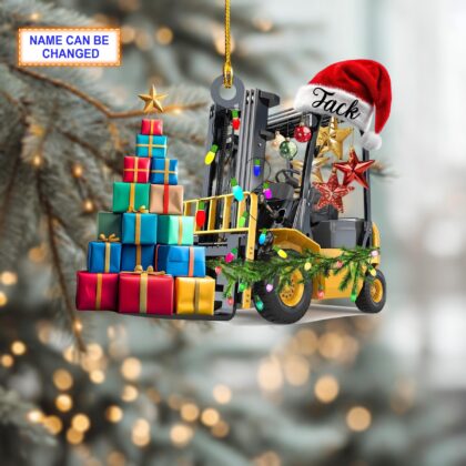 Custom Name Forklift With Santa Hat and Christmas Giftbox Ornament - Image 2