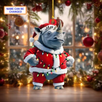 Custom Name Rhino With Red Christmas Costume Ornament – Christmas Tree Hanging Decor - Image 3
