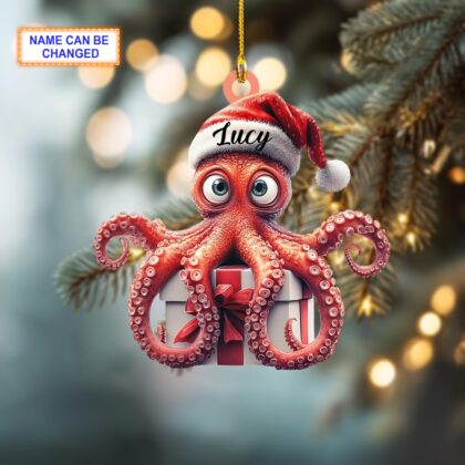 Alternative view of Custom Name Cute Octopus With Santa Hat Sitting On A Gift Box Ornament