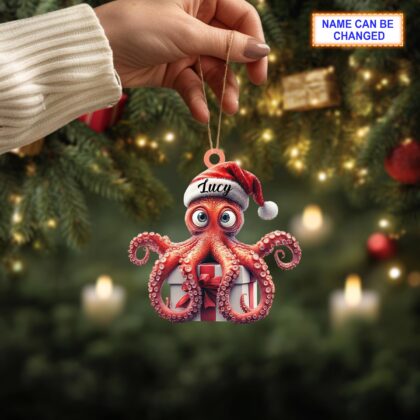 Custom Name Cute Octopus With Santa Hat Sitting On A Gift Box Ornament - Image 3