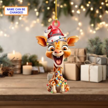 Alternative view of Custom Name Giraffe With Christmas Hat Christmas Ornament