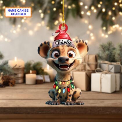 Alternative view of Custom Name Hyena with Santa Hat Christmas Lights Ornament