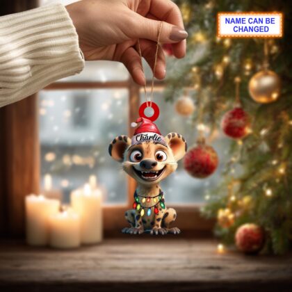 Custom Name Hyena with Santa Hat Christmas Lights Ornament - Image 3